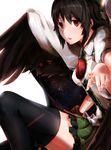  :o arm_cannon black_hair black_legwear black_wings foreshortening green_skirt hair_ribbon highres hsin knee_up long_hair looking_at_viewer pointing pointing_at_viewer red_eyes reiuji_utsuho ribbon shirt short_sleeves skirt solo thighhighs third_eye touhou weapon white_shirt wings zettai_ryouiki 