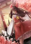  ascot bad_id bad_pixiv_id bow breasts brown_eyes brown_hair cherry_blossoms cowboy_shot detached_sleeves gohei hair_bow hair_tubes hakurei_reimu highres long_hair looking_to_the_side medium_breasts midriff outdoors pantie_painting petals red_bow ribbon-trimmed_sleeves ribbon_trim skirt skirt_set sleeves_past_wrists solo standing torii touhou wide_sleeves wind wind_lift yellow_sky 