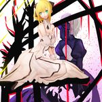  artoria_pendragon_(all) back blonde_hair breasts cleavage detached_collar detached_sleeves fate/stay_night fate/unlimited_codes fate_(series) from_behind gloves green_eyes hair_ribbon high_heels medium_breasts multiple_girls ribbon saber_alter saber_lily sarina_matsumura shoulder_blades 