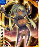  bikini blonde_hair blue_eyes breasts card_(medium) cleavage dark_skin embarrassed female full_body katana large_breasts leotard long_hair mechanical_arms multiple_arms namaniku_atk shiny_skin solo swimsuit sword taimanin_asagi taimanin_asagi_battle_arena thong twintails weapon yomi_akitsu 