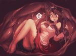  1girl animal_ears barefoot blush breasts brown_hair digestion dress feet imaizumi_kagerou inside_creature jewelry large_breasts legs long_hair long_sleeves red_eyes solo stomach_(organ) surprised touhou utopia vore wolf_ears 