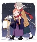  50yen boots child closed_eyes coat earmuffs earrings haori hug hug_from_behind ima-no-tsurugi iwatooshi japanese_clothes jewelry lantern male_focus multiple_boys orange_eyes orange_hair paper_lantern sandals scarf silver_hair snowing tabi touken_ranbu younger 