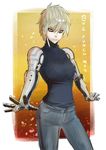  black_sclera breasts copyright_name cyborg damaya female_genos frown genderswap genderswap_(mtf) genos highres light_brown_hair medium_breasts one-punch_man open_hands orange_background short_hair sleeveless sleeveless_turtleneck solo turtleneck white_eyes 