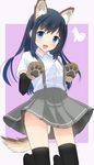  :d animal_ears arm_warmers asashio_(kantai_collection) black_hair black_legwear blouse blue_eyes blush breasts buttons dog_ears dog_paws dog_tail highres kantai_collection kemonomimi_mode long_hair looking_to_the_side open_mouth paws pleated_skirt school_uniform skirt small_breasts smile solo suspenders tail usagikoya white_blouse 