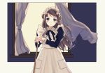  apron blue_eyes blush bow brown_hair dress headdress kashiwagi_chisame long_hair maid original 