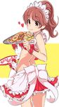  alternate_costume apron bad_id bad_pixiv_id blush brown_eyes brown_hair character_name doughnut eating enmaided food idolmaster idolmaster_cinderella_girls long_hair maid maid_headdress midriff ponytail shiina_noriko smile solo tanuki_ss tray waist_apron 