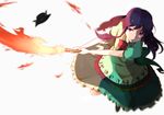  blue_hair bow bowtie commentary_request dress_shirt flaming_sword frills hat hat_removed headwear_removed hinanawi_tenshi hsin long_hair looking_at_viewer puffy_short_sleeves puffy_sleeves purple_eyes rainbow_gradient rainbow_order red_bow shirt short_sleeves solo sword_of_hisou touhou white_shirt 