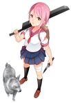  backpack bag bandage_on_face bandaged_leg bandages black_legwear combat_knife from_above hatchet kneehighs knife looking_at_viewer original over_shoulder pink_eyes pink_hair pleated_skirt school_uniform serafuku short_hair skirt solo standing torn_clothes weapon weapon_over_shoulder white_background wolf yasuto_(eria151) 