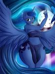  2016 anthro anthrofied blue_eyes blue_hair blue_skin clothed clothing cutie_mark equine feathered_wings feathers female friendship_is_magic full_moon hair hi_res horn long_hair looking_at_viewer mammal moon my_little_pony navel open_mouth princess_luna_(mlp) smile solo spread_wings suirano wide_hips winged_unicorn wings 