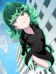  black_dress building cloud collarbone curly_hair day dress flying green_eyes green_hair highres looking_away one-punch_man short_hair sky solo tatsumaki yasuto_(eria151) 