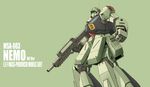  green_background gun gundam gundam_unicorn highres machine_gun mecha nemo_(mobile_suit) no_humans radio_antenna solo viridian-c weapon 