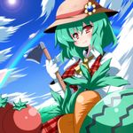  ascot breasts carrot cloud day food fruit gloves green_hair hat highres hoe kazami_yuuka large_breasts oborotsuki_kakeru plaid plaid_skirt plaid_vest rainbow red_eyes short_hair skirt skirt_set sky solo straw_hat tomato touhou vest watermelon 