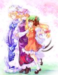  animal_ears bad_id bad_pixiv_id blonde_hair brown_hair cat_ears cat_tail chen closed_eyes earrings fang hat highres jewelry long_hair long_sleeves multiple_girls multiple_tails open_mouth pico_(picollector79) pillow_hat ribbon shoes short_hair socks tail tassel touhou wide_sleeves yakumo_ran yakumo_yukari 