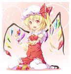  blonde_hair fang flandre_scarlet food fruit full_body hat highres holding holding_food holding_fruit ichi_makoto mary_janes one_side_up ponytail red_eyes shoes short_hair solo strawberry thighhighs touhou wings wrist_cuffs 