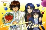  :d :o absurdres aqua_eyes arm_around_neck athrun_zala bangs black_hair blue_eyes blue_hair bouquet brown_hair buttons character_name congratulations flower flying formal gradient gradient_background gundam gundam_seed gundam_seed_destiny hair_between_eyes hand_on_another's_shoulder handkerchief haro highres holding inayoshi_tomoshige kira_yamato light_smile male_focus multiple_boys necktie open_mouth orange_background parted_bangs red_eyes red_flower red_rose rose shinn_asuka smile sparkle spiked_hair suit surprised upper_body waistcoat 