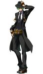  ^_^ belt blazblue chain closed_eyes fedora fingerless_gloves formal gloves green_hair hand_on_hip hand_on_own_head hat hazama highres male_focus mori_toshimichi necktie official_art pants simple_background smile solo standing suit trench_coat vest 