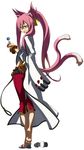  :&lt; animal_ears barefoot bell belt black_panties blazblue bracelet candy capri_pants cat_ears cat_tail facial_mark feet flat_chest food forehead_mark from_behind full_body glasses hand_on_hip highres jewelry jingle_bell kokonoe lollipop looking_back lowleg midriff mori_toshimichi multiple_tails official_art orange_eyes panties pants pince-nez pink_hair red_pants sandals shoes short_twintails simple_background single_shoe soles solo standing tail thigh_gap thong toes trench_coat twintails underwear 
