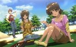  2girls absurdres antenna_hair barefoot baseball_bat blurry brown_eyes brown_hair casual chopsticks clannad cloud dappled_sunlight day depth_of_field dutch_angle family food furukawa_akio furukawa_nagisa furukawa_sanae hand_on_hip highres kadowaki_miku kneeling mouth_hold multiple_girls non-web_source obentou official_art picnic playground shade sitting sky sunlight 