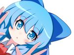  :&lt; blue_bow blue_eyes blue_hair blush bow cirno double_v eyebrows_visible_through_hair hair_bow highres looking_at_viewer oborotsuki_kakeru parted_lips short_hair solo touhou triangle_mouth upper_body v 