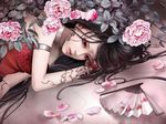  bare_shoulders black_hair brown_eyes choker earrings eyes face fan flower folding_fan hair_ornament highres jewelry jian_xia_qing_yuan jian_xia_qing_yuan_online_3 leaf lips long_hair lying official_art on_floor on_side petals realistic skull sleeveless solo tattoo zhang_xiaobai 