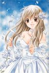  absurdres bare_shoulders breasts brown_eyes brown_hair choker cleavage dress flower hair_flower hair_ornament highres jewelry long_hair medium_breasts mizuno_eita necklace open_mouth petals scan solo spiral_(manga) wedding_dress yuizaki_hiyono 