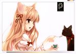  absurdres animal_ears cat cat_ears copyright_request feeding hair_ribbon highres huge_filesize kuroya_shinobu long_hair open_mouth ribbon solo spoon 