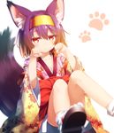  :&lt; animal_ear_fluff animal_ears blush brown_hair fox_ears fox_tail geta gradient_hair hairband haribote_(tarao) hatsuse_izuna japanese_clothes kimono looking_at_viewer multicolored_hair no_game_no_life paw_pose paw_print purple_eyes purple_hair short_hair short_kimono sitting slit_pupils solo tabi tail wide_sleeves yellow_eyes yellow_hairband 