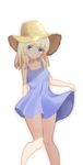  alternate_costume alternate_headwear bad_id bad_pixiv_id blonde_hair blue_dress blue_eyes cowboy_shot dress dress_lift hair_tie hat highres legs looking_at_viewer moriya_suwako reflective_eyes shiny shiny_hair short_dress short_hair simple_background smile solo sundress thighs touhou white_background yusake_san 