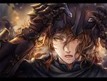  armor breath brown_hair dr. face gauntlets granblue_fantasy hair_between_eyes headwear_removed helmet helmet_removed holding holding_helmet letterboxed looking_at_viewer male_focus open_mouth siegfried_(granblue_fantasy) solo undressing wavy_hair yellow_eyes 