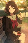  bench brown_eyes brown_hair chocolate chocolate_heart heart hibike!_euphonium highres looking_at_viewer neckerchief official_style oumae_kumiko red_neckwear school_uniform serafuku short_hair sitting solo sonouchi_(bigsummersky) valentine 