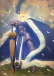  absurdres ahoge armor armored_dress artoria_pendragon_(all) avalon_(fate/stay_night) blonde_hair blue_cape breastplate cape cloud crown excalibur fate/grand_order fate/stay_night fate_(series) fur-trimmed_cape fur_trim grass green_eyes highres planted_sword planted_weapon rindon_(pixiv338875) saber solo sword weapon wind 