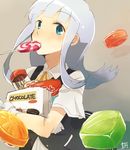  ascot blouse blue_eyes blush candy chocolate eating food gloves grey_background harunagi hatsukaze_(kantai_collection) kantai_collection lollipop long_hair looking_at_viewer pocket short_sleeves silver_hair solo vest white_blouse 