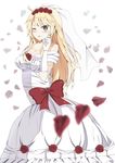  absurdres bad_id bad_twitter_id blonde_hair breasts bridal_veil dress elbow_gloves flower gloves grey_eyes highres iowa_(kantai_collection) kanikou kantai_collection large_breasts long_hair petals rose solo star star-shaped_pupils symbol-shaped_pupils veil wedding_dress 