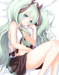  green_eyes green_hair hatsune_miku long_hair looking_at_viewer lying necktie on_side skirt solo twintails very_long_hair vocaloid yuzuaji 