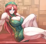  bare_legs blue_eyes braid breasts china_dress chinese_clothes cleavage cleavage_cutout dress green_dress hat hong_meiling huge_breasts leg_lift long_hair muscle muscular_female poini_(king-scarlet-dead) red_hair short_dress side_braids sitting sleeveless sleeveless_dress smile solo star thick_thighs thighs touhou twin_braids 