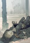  bad_id bad_pixiv_id belt belt_buckle breasts broken buckle building cat city closed_eyes column demizu_posuka fence grey head_tilt headgear hole junk knees_up lying mechanical_arm medium_breasts on_back outdoors parts_exposed pillar robot ruins solo town 