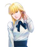  adjusting_hair ahoge artoria_pendragon_(all) bad_id bad_pixiv_id blonde_hair fate/stay_night fate_(series) fateline_alpha green_eyes hair_tucking lips saber solo white_background 