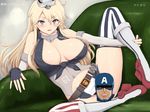  american_flag_legwear bar_censor bare_shoulders belt blonde_hair blue_eyes breasts captain_america censored chain character_censor character_name cleavage clothes_writing collarbone covered_nipples elbow_gloves fingerless_gloves gloves hat identity_censor iowa_(kantai_collection) kantai_collection large_breasts long_hair looking_at_viewer marvel miniskirt navel niwatori_kokezou novelty_censor open_mouth panties pointless_censoring skirt solo spread_legs star star-shaped_pupils striped striped_legwear symbol-shaped_pupils thighhighs underwear wavy_hair 