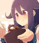  black_hair blush bowl chopsticks closed_mouth eating face food food_on_face hair_flaps harunagi kantai_collection long_hair long_sleeves low_twintails red_eyes rice rice_on_face smile solo taigei_(kantai_collection) twintails 
