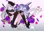  bishamonten_(noragami) boots bra breasts cleavage el-zheng flowers gloves hat long_hair noragami open_shirt panties petals purple_eyes rose skirt underwear white white_hair 