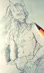  abs anthro apoclymon astamon clothed clothing digimon horn humanoid jeans long_air monochrome nipples pants pecs pencil_(artwork) photo signature topless traditional_media_(artwork) 