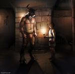  anthro axe bovine bulge clothed clothing duo horn human inside labyrinth loincloth male mammal melee_weapon minotaur skull smile theseus topless totesfleisch8 weapon 