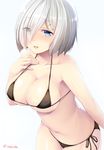  bare_shoulders bikini blue_background blue_eyes breasts cleavage collarbone covered_nipples eyes_visible_through_hair gradient gradient_background hair_ornament hair_over_one_eye hairclip hamakaze_(kantai_collection) hand_on_own_chest highres izumi_akane kantai_collection large_breasts micro_bikini navel open_mouth short_hair side-tie_bikini silver_hair solo string_bikini swimsuit twitter_username wet white_background white_hair 