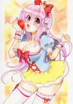  absurdres apple blush breasts cleavage colored_pencil_(medium) cosplay food fruit headphones highres large_breasts long_hair looking_at_viewer nitroplus open_mouth pink_eyes pink_hair saffron_factory snow_white snow_white_(cosplay) solo super_sonico traditional_media 