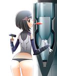  1girl armor artist_request ass black_eyes black_hair female looking_at_viewer looking_back lynlee_kuu mouth_hold nintendo smile solo thong xenoblade_chronicles_x 