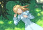  ahoge artoria_pendragon_(all) blonde_hair dappled_sunlight fate/stay_night fate_(series) fateline_alpha grass highres long_hair lying on_back rock roots saber sleeping smile solo sunlight tree_shade 
