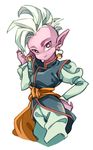  androgynous dragon_ball dragon_ball_z earrings hand_on_hip jewelry kaioushin looking_at_viewer male_focus mohawk pointy_ears potara_earrings purple_skin simple_background smile solo tsumuri white_background white_hair 