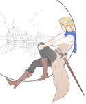  ahoge artoria_pendragon_(all) bird black_legwear blonde_hair boots brown_footwear castle duolanan fate/stay_night fate_(series) gloves green_eyes highres leg_hold neuschwanstein_castle ponytail saber scabbard sheath solo sword thighhighs tree unfinished weapon 