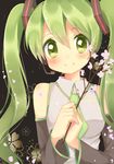  bad_id bad_pixiv_id blush detached_sleeves flower green_eyes green_hair hair_ornament hatsune_miku holding long_hair looking_at_viewer microphone necktie petals shiramori_sawa smile solo stick twintails vocaloid 
