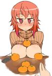  annoyed blush breasts convenient_censoring food fruit kusanagi_tonbo large_breasts mandarin_orange original red_eyes red_hair solo_focus turtleneck 